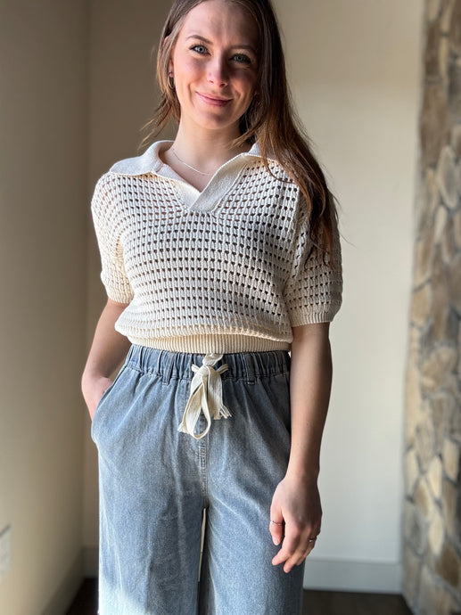 cream crochet knitted collared top