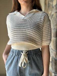 cream crochet knitted collared top
