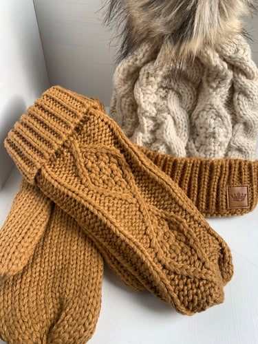 camel cable knit mittens
