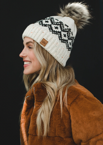 cream + black charcoal speckled patterned beanie