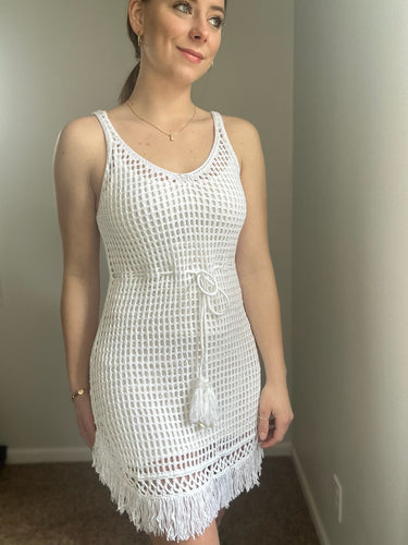 white crochet fringe dress+cover up