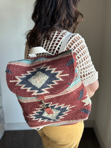 rust, brown, turquoise + tan aztec woven backpack