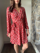 Load image into Gallery viewer, red floral long sleeve surplice dress
