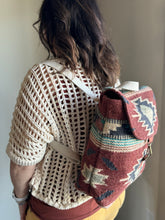 Load image into Gallery viewer, rust, brown, turquoise + tan aztec woven backpack