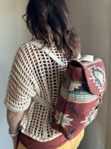 rust, brown, turquoise + tan aztec woven backpack