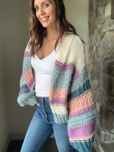 Load image into Gallery viewer, baby blue, pink + lilac chunky knit cardigan