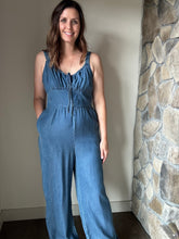 Load image into Gallery viewer, archives button front chambray jumpsuit