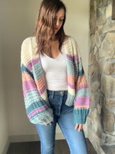 Load image into Gallery viewer, baby blue, pink + lilac chunky knit cardigan