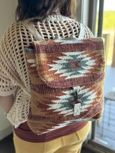 Load image into Gallery viewer, brown, rust + teal aztec woven backpack