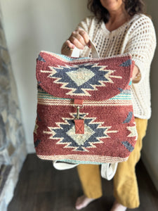 rust, brown, turquoise + tan aztec woven backpack