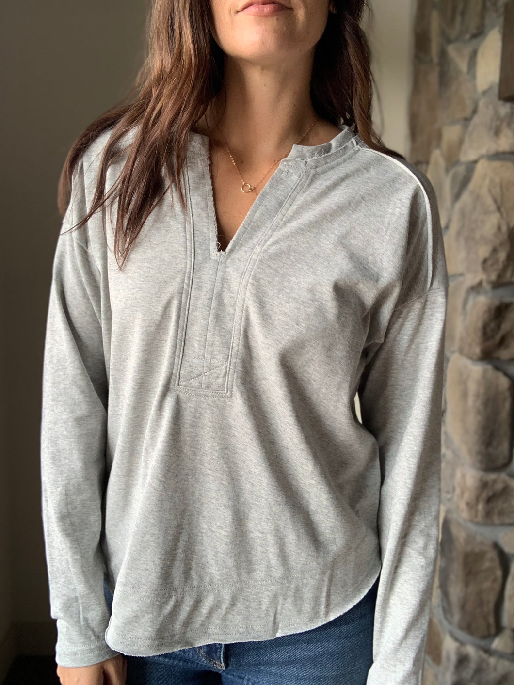 grey long sleeve notched tee