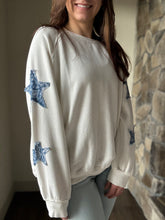Load image into Gallery viewer, white sweatshirt with blue paisley star patches