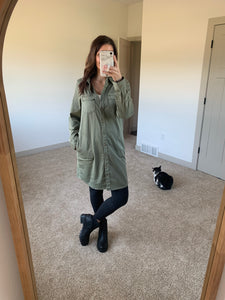 button down washed olive bindi dress and shacket