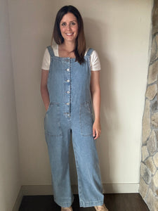 denim button down overall jumpsuit