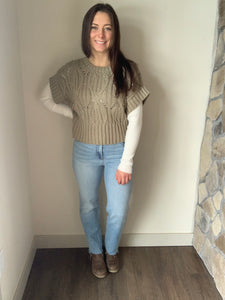 chunky cable dusty olive short sleeve sweater