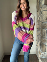 Load image into Gallery viewer, purple, ivory + lime chunky knit stripe sweater