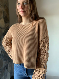 camel floral crochet sweater