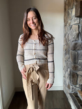Load image into Gallery viewer, taupe + navy stripe cardigan sweater