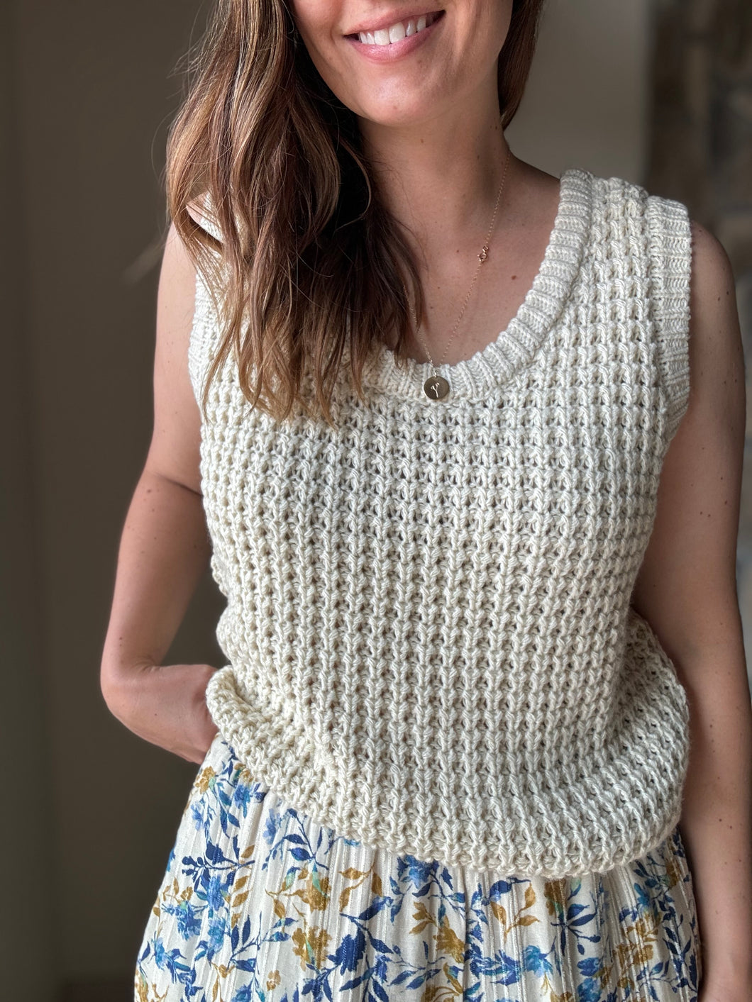 elsie sleeveless ivory waffle sweater