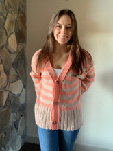 Load image into Gallery viewer, taupe+ coral stripe button cardigan