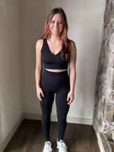 Load image into Gallery viewer, black mesh insert sports bra + leggings set
