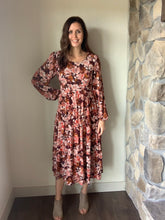 Load image into Gallery viewer, burgundy floral long sleeve midi dress
