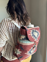 Load image into Gallery viewer, rust, brown, turquoise + tan aztec woven backpack