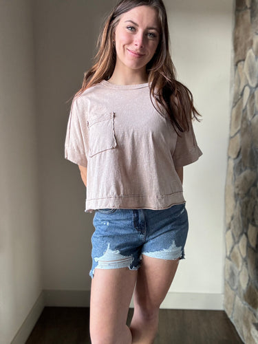 taupe cropped mineral wash tee