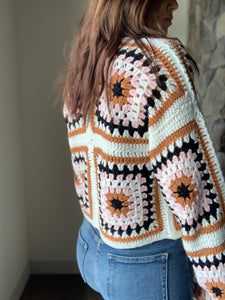 rust, pink + ivory crochet square cardigan