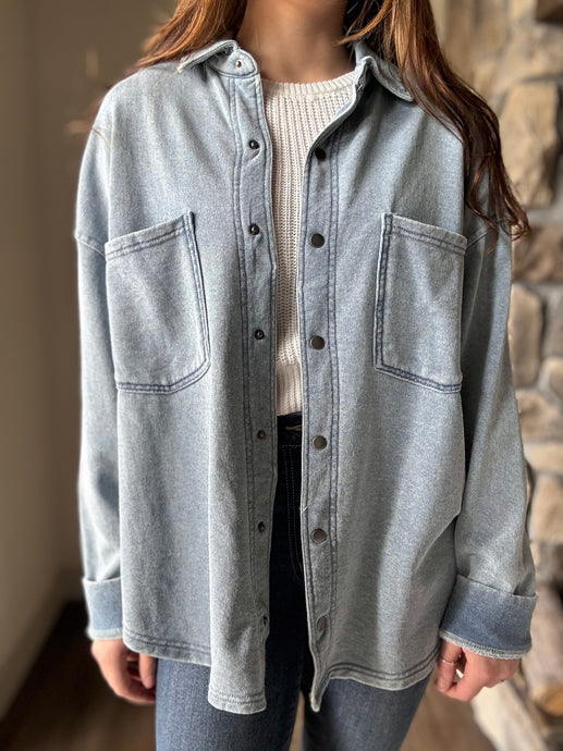 soft washed denim terry button down