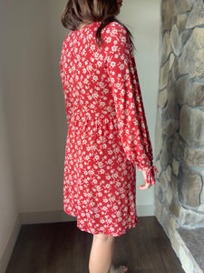 red floral long sleeve surplice dress