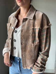 camel corduroy jacket with plaid detailing