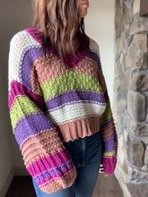 Load image into Gallery viewer, purple, ivory + lime chunky knit stripe sweater