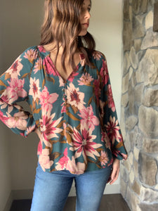hunter green floral button down blouse