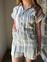 Load image into Gallery viewer, natural blue stripe romper