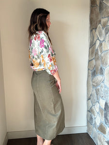 olive denim slit front long skirt