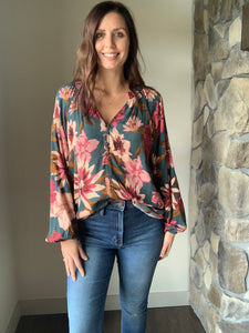 hunter green floral button down blouse