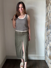 Load image into Gallery viewer, olive denim slit front long skirt