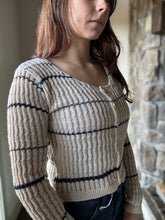 Load image into Gallery viewer, taupe + navy stripe cardigan sweater