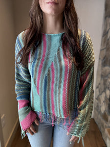turquoise boho stripe fringe sweater