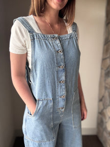 denim button down overall jumpsuit