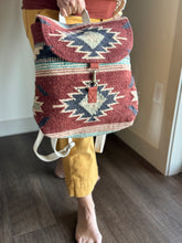 Load image into Gallery viewer, rust, brown, turquoise + tan aztec woven backpack