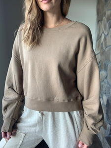 mocha soft fleece sweatshirt with ruched sleeves
