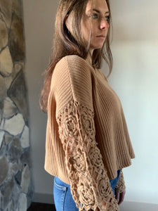 camel floral crochet sweater