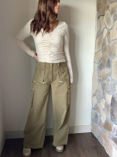 olive cargo pants with contrast stitching
