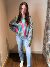 Load image into Gallery viewer, turquoise boho stripe fringe sweater