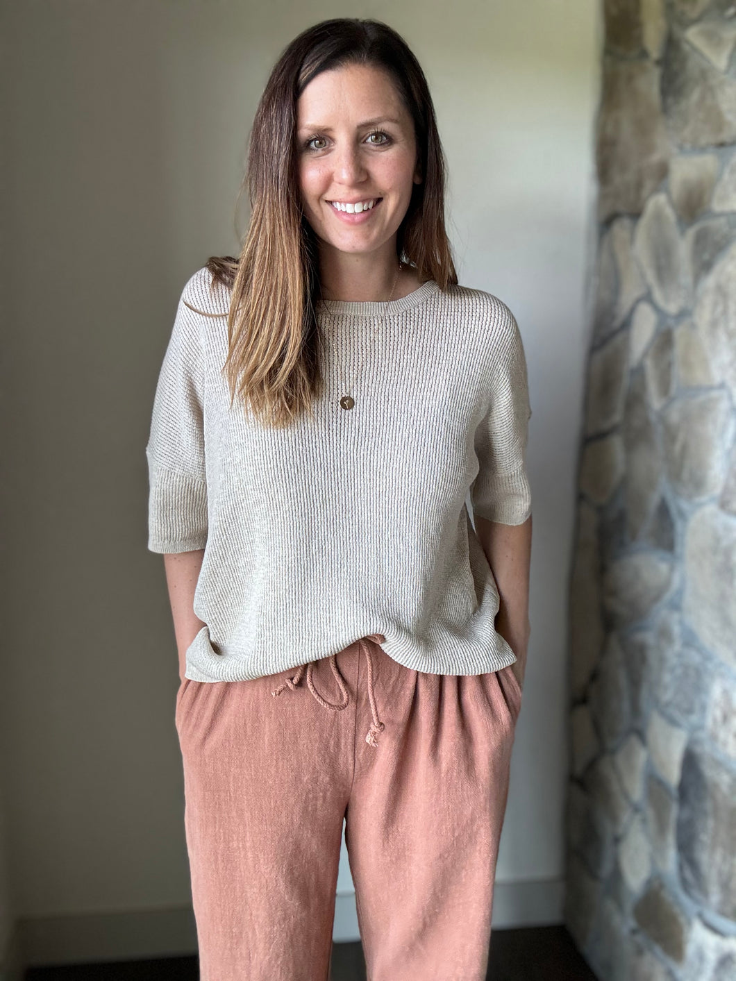 taupe ribbed knit short sleeve top