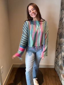 turquoise boho stripe fringe sweater