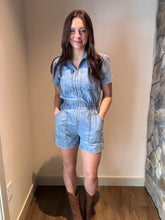 Load image into Gallery viewer, collared denim zip-up romper