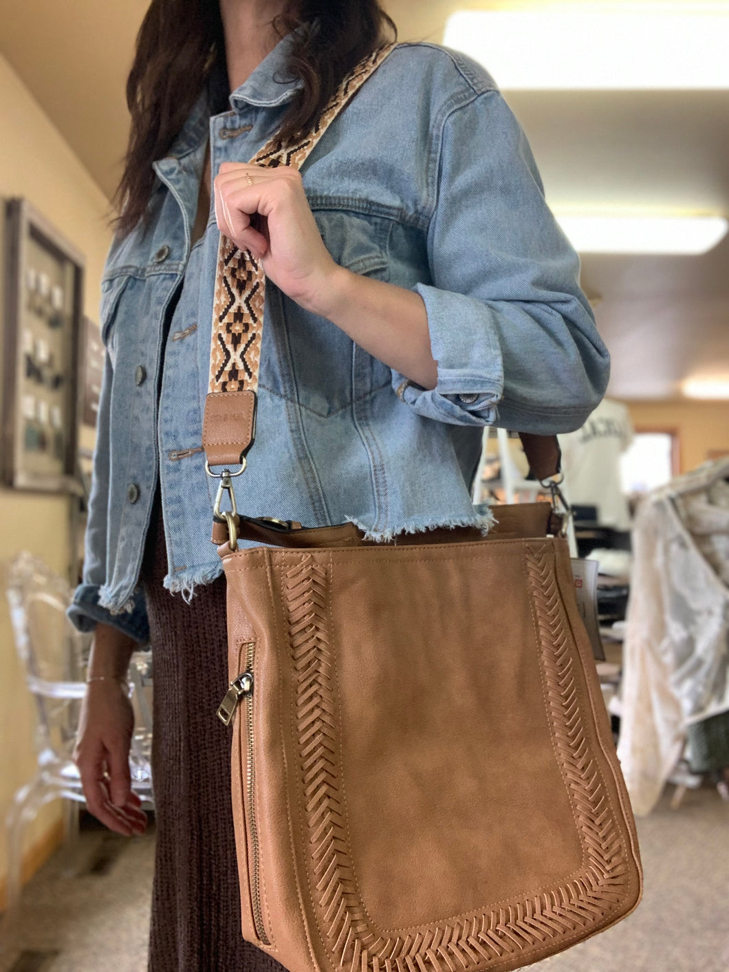 latte stitched hobo bag with guitar strap
